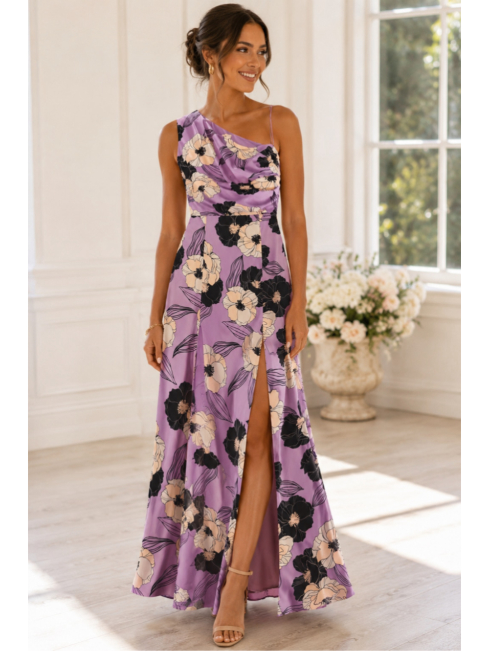 Dress the Population Lavender One Shoulder Floral Maxi Dress Slit Formal Gown M